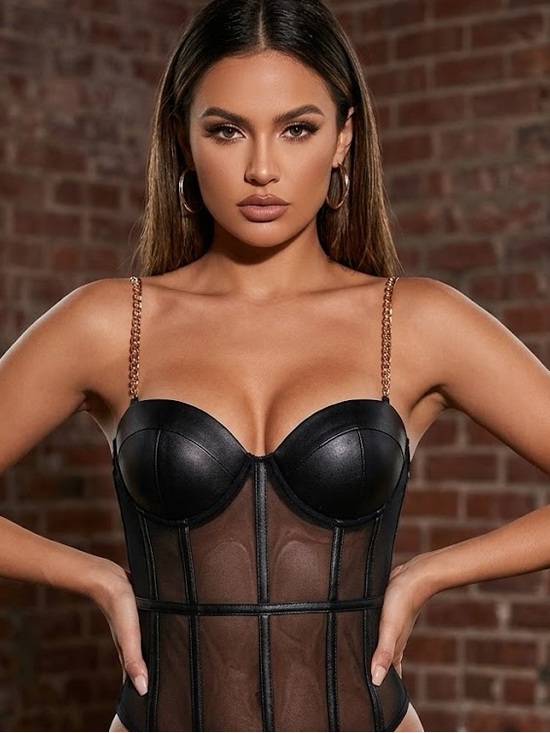 SHEIN Tops - SHEIN Black Mesh Corset Bodysuit with Chain Straps